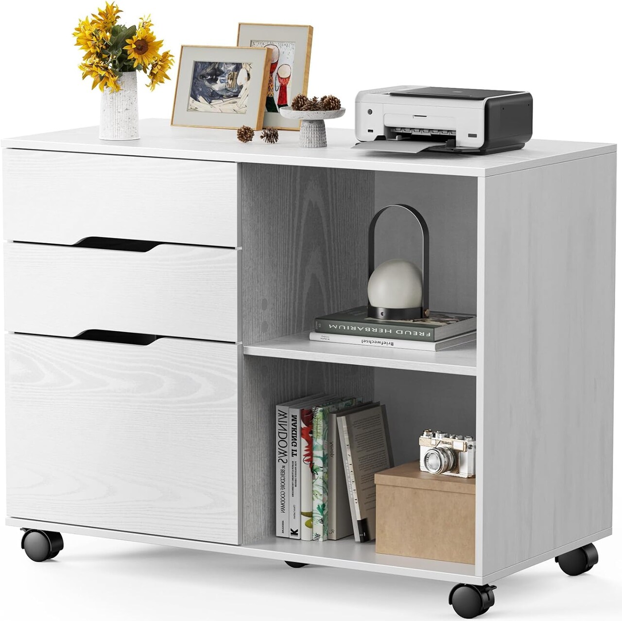 3-Drawer File Cabinet, Lateral Mobile Filing Cabinet Wood Under Desk Storage Organizer with Wheels, Printer Stand & Open Shelves for Home Office Organization - White